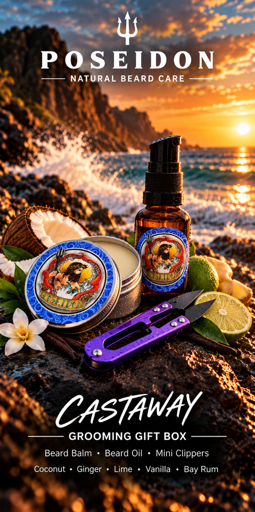 Poseidon Castaway Grooming Gift Box with beard oil, balm and purple mini clippers on rugged coastal rocks