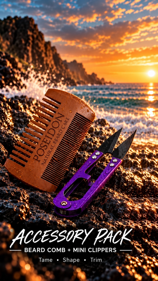 Poseidon Accessory Pack: branded beard comb and purple mini clippers on coastal rocks at sunset, without top branding