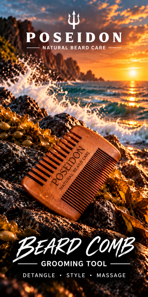 Poseidon wooden beard comb on coastal rocks at sunset — Detangle, Style, Massage