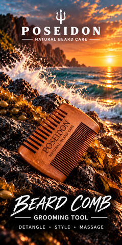 Poseidon wooden beard comb on coastal rocks at sunset — Detangle, Style, Massage