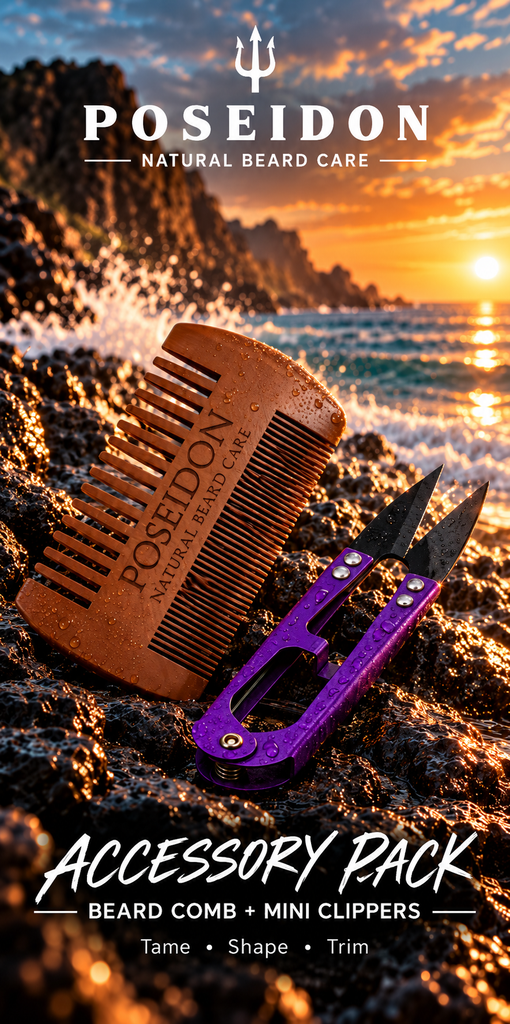 Poseidon Beard Comb and purple Mini Clippers Accessory Pack on rugged coastal rocks at sunset