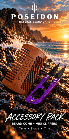 Poseidon Beard Comb and purple Mini Clippers Accessory Pack on rugged coastal rocks at sunset