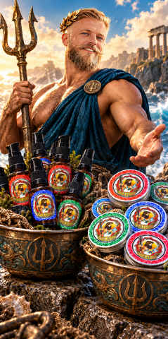 Poseidon presenting customisable beard care: Beard Oil bottles on the left and Beard Balm tins on the right.