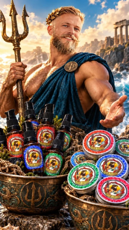 Poseidon offering a selection of Castaway, Citrus Grove and Outback Sunrise beard oils and balms for the Build Your Own Twin Pack
