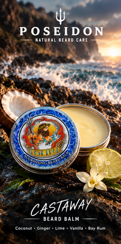 Poseidon Castaway Beard Balm coastal product photo with verified scent notes: coconut, ginger, lime, vanilla and bay rum