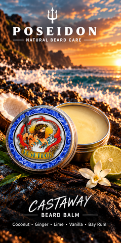 Poseidon Castaway Beard Balm on coastal rocks with Coconut, Ginger, Lime, Vanilla and Bay Rum scent accents