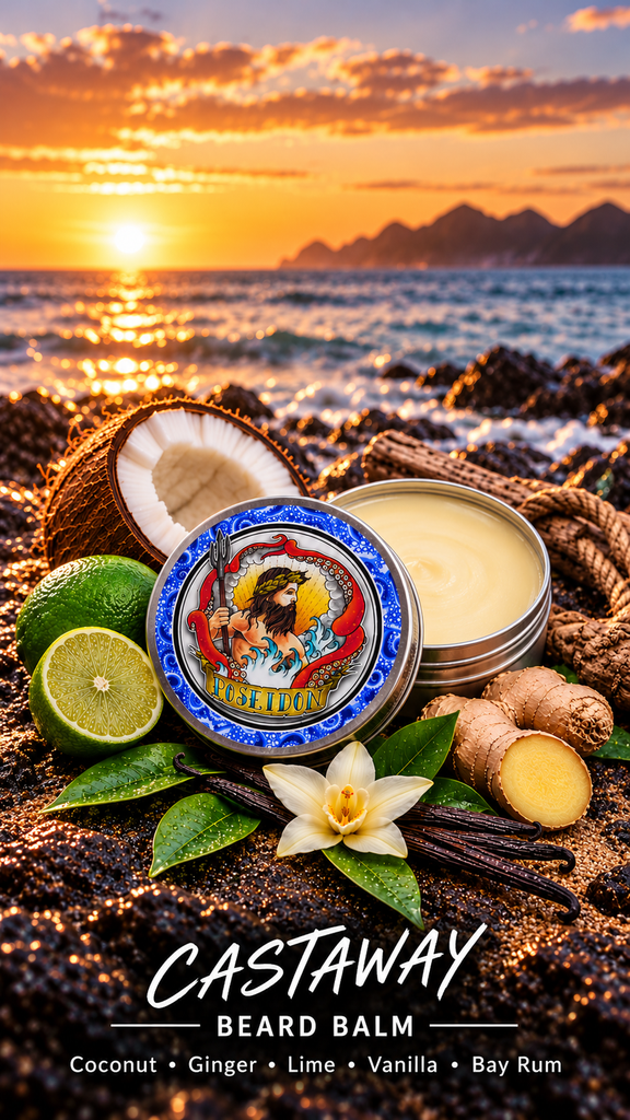 Poseidon Castaway Beard Balm on coastal rocks with title and Coconut, Ginger, Lime, Vanilla and Bay Rum notes
