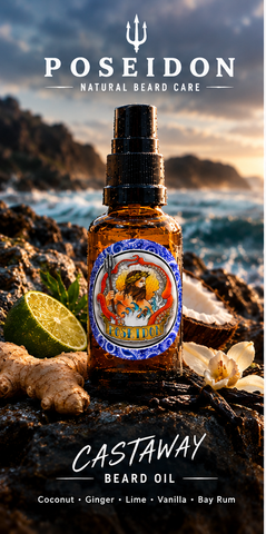 Poseidon Castaway Beard Oil coastal product photo with verified scent notes: coconut, ginger, lime, vanilla and bay rum