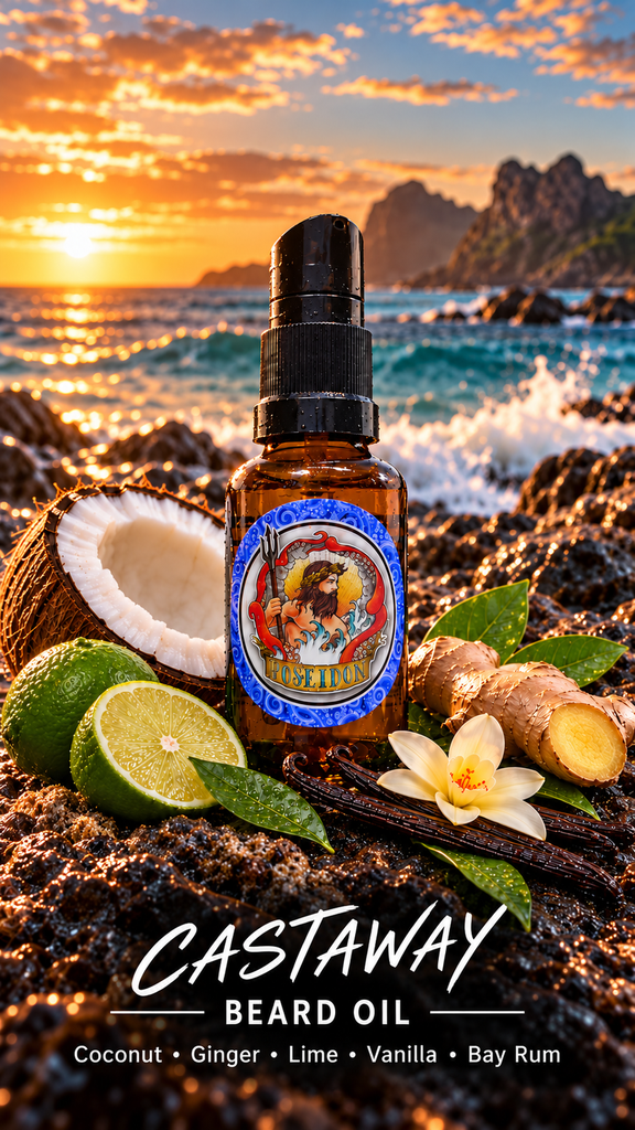Poseidon Castaway Beard Oil on coastal rocks with title and Coconut, Ginger, Lime, Vanilla and Bay Rum notes