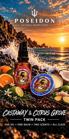 Poseidon Castaway & Citrus Grove Twin Pack: Citrus Grove Beard Oil and Castaway Beard Balm, one oil, one balm, two scents, all class