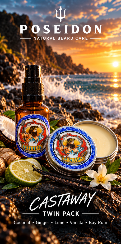 Poseidon Castaway Twin Pack with beard oil and beard balm on rugged coastal rocks, coconut, ginger, lime, vanilla and bay rum