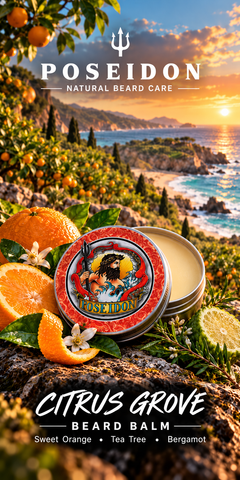 Poseidon Citrus Grove Beard Balm in coastal citrus orchard with distant sandy beach; sweet orange, tea tree and bergamot