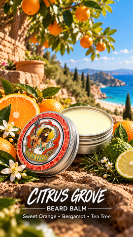 Poseidon Citrus Grove Beard Balm, open tin in a sunlit Mediterranean orange grove. Sweet Orange, Bergamot and Tea Tree.