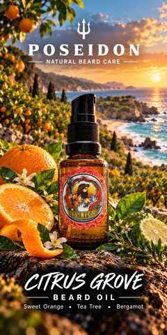 Poseidon Citrus Grove Beard Oil in coastal citrus orchard with distant sandy beach; sweet orange, tea tree and bergamot
