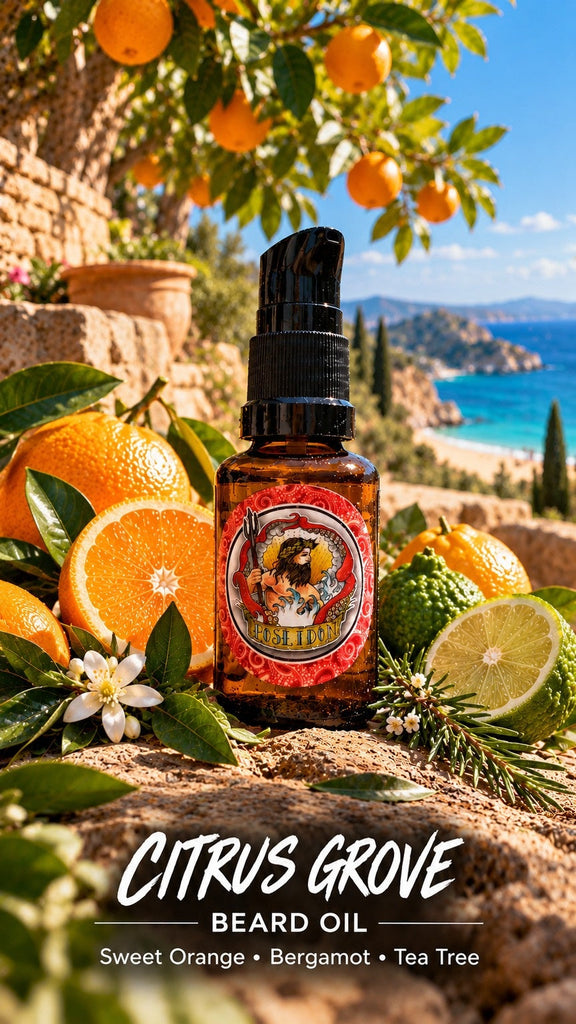 Poseidon Citrus Grove Beard Oil (25ml) in a sunlit Mediterranean citrus grove with Sweet Orange, Bergamot and Tea Tree scent notes