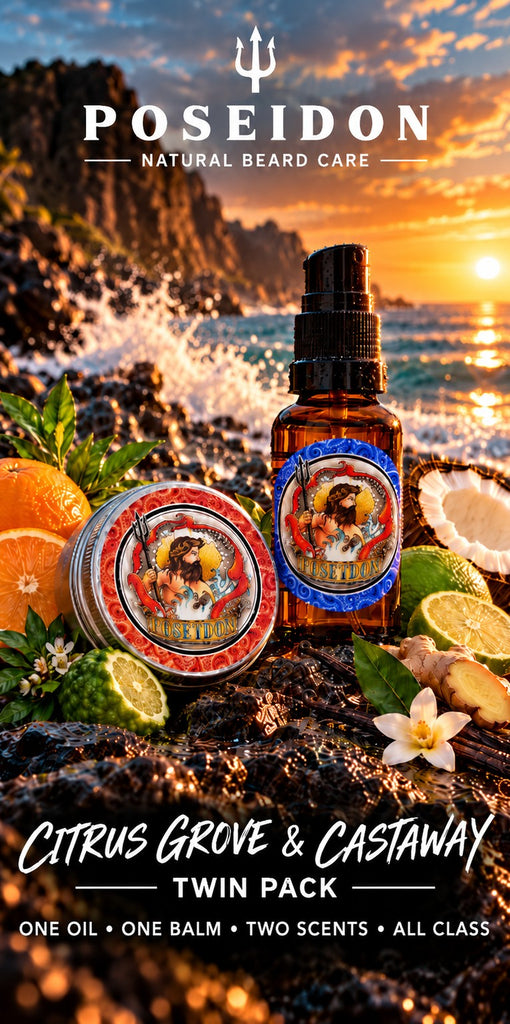 Poseidon Citrus Grove & Castaway Twin Pack: one Citrus Grove beard balm, one Castaway beard oil, two scents, all class