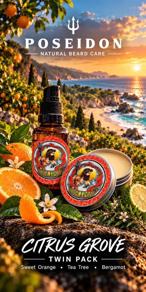 Poseidon Citrus Grove Beard Oil and Balm Twin Pack overlooking remote sandy beach, sweet orange, tea tree and bergamot