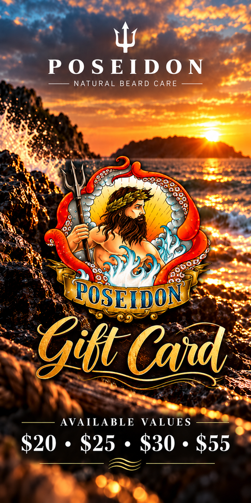 Poseidon Gift Card with detailed Poseidon logo centered above gold Gift Card text; sunset coastal background; $20, $25, $30 and $55 available