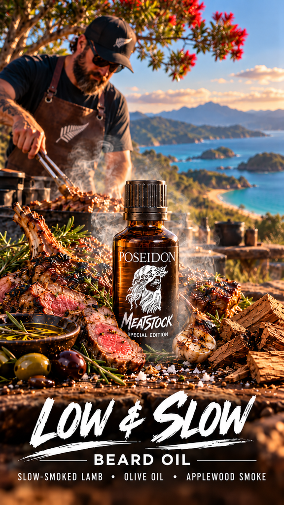 Poseidon Low & Slow Meatstock Special Edition Beard Oil at a Kiwi coastal summer BBQ, with slow-smoked lamb, olive oil and applewood smoke