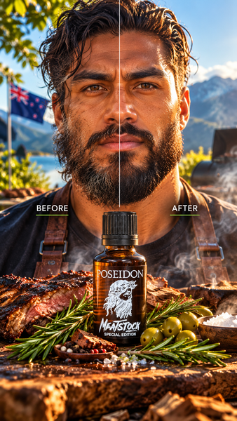Illustrative before-and-after grooming comparison for Poseidon Low & Slow Meatstock Special Edition Beard Oil; not a documented customer result.