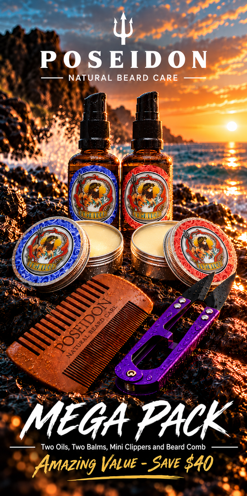 Poseidon Beard Care Mega Pack with Castaway and Citrus Grove oils, two open balm tins, beard comb and purple mini clippers; save $40