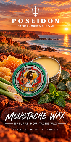 Poseidon Moustache Wax with the branded green tin, honeycomb and botanicals against an Australian outback coastal sunrise; Style Hold Create