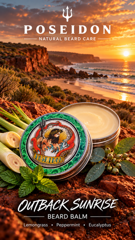 Poseidon Outback Sunrise Beard Balm with lemongrass peppermint and eucalyptus against an Australian outback coastal sunrise