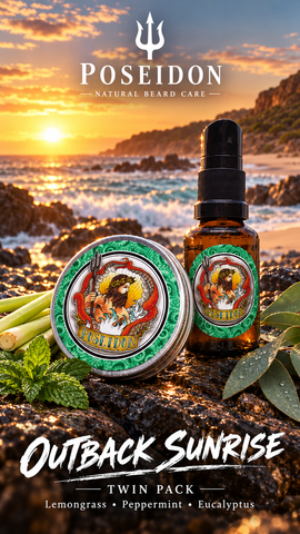 Poseidon Outback Sunrise Twin Pack: Beard Balm and Beard Oil with lemongrass, peppermint and eucalyptus on rugged Australian coastline at sunrise