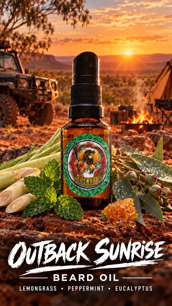 Poseidon Outback Sunrise Beard Oil with white accent lines beside Beard Oil, lemongrass, peppermint, eucalyptus and honeycomb at sunrise