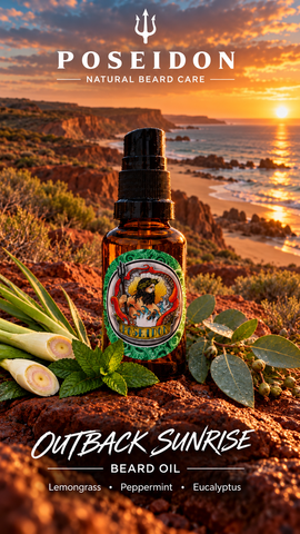 Poseidon Outback Sunrise Beard Oil with lemongrass peppermint and eucalyptus against an Australian outback coastal sunrise