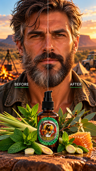 Illustrative before-and-after beard grooming comparison for Poseidon Outback Sunrise Beard Oil; not a documented customer result