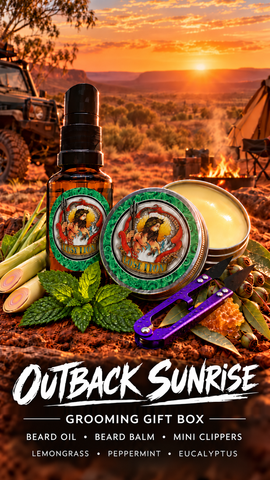 Poseidon Outback Sunrise Grooming Gift Box with beard oil, balm, purple mini clippers and lemongrass, peppermint, eucalyptus and honeycomb in a sunrise campsite