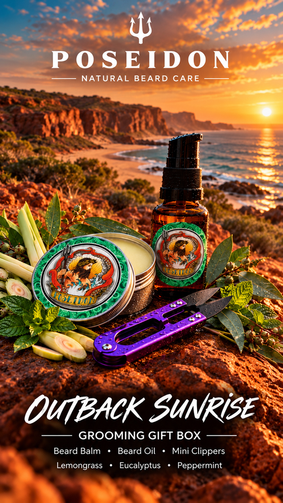 Poseidon Outback Sunrise Grooming Gift Box with beard balm, beard oil and purple mini clippers against an Australian outback coastal sunrise