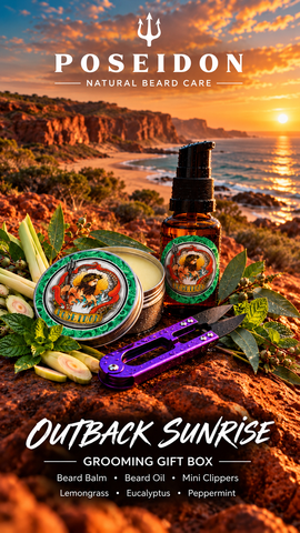 Poseidon Outback Sunrise Grooming Gift Box with beard balm, beard oil and purple mini clippers against an Australian outback coastal sunrise