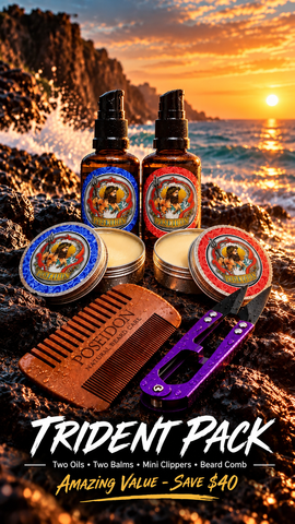 Poseidon Trident Pack showing two beard oils, two beard balms, a beard comb and purple mini clippers beside the ocean at sunset; save $40